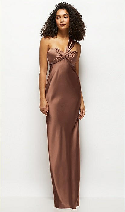 ✨新作/新品✨ANDRESD satin dressブラウン Satin Twist Bandeau One-shoulder Bias Maxi Bridesmaid Dress In