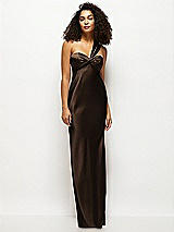 Front View Thumbnail - Espresso Satin Twist Bandeau One-Shoulder Bias Maxi Dress