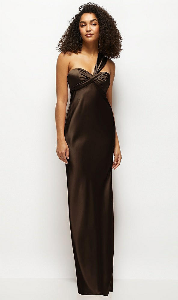 Front View - Espresso Satin Twist Bandeau One-Shoulder Bias Maxi Dress