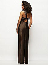 Rear View Thumbnail - Espresso Satin Twist Bandeau One-Shoulder Bias Maxi Dress