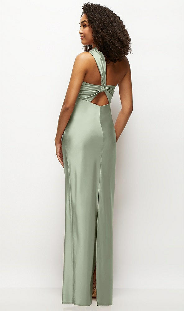 Back View - Sage Satin Twist Bandeau One-Shoulder Bias Maxi Dress