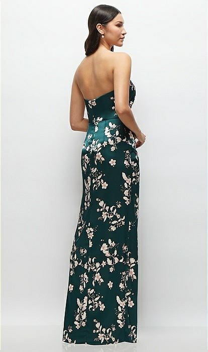 Strapless Draped Skirt Floral Satin Maxi Bridesmaid Dress With Cascade  Ruffle In Vintage Primrose Evergreen | The Dessy Group