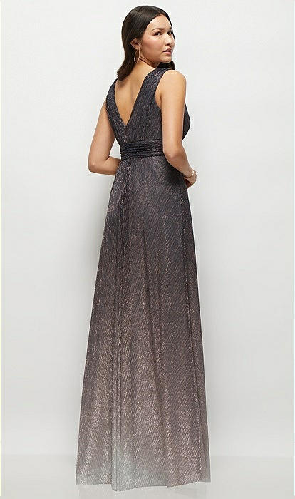 Draped V-neck Ombre Pleated Metallic Maxi Bridesmaid Dress With Deep V-back  In Plum Noir | The Dessy Group