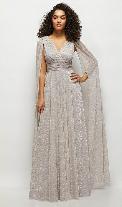 Streamer Sleeve Pleated Metallic Maxi Bridesmaid Dress With Full