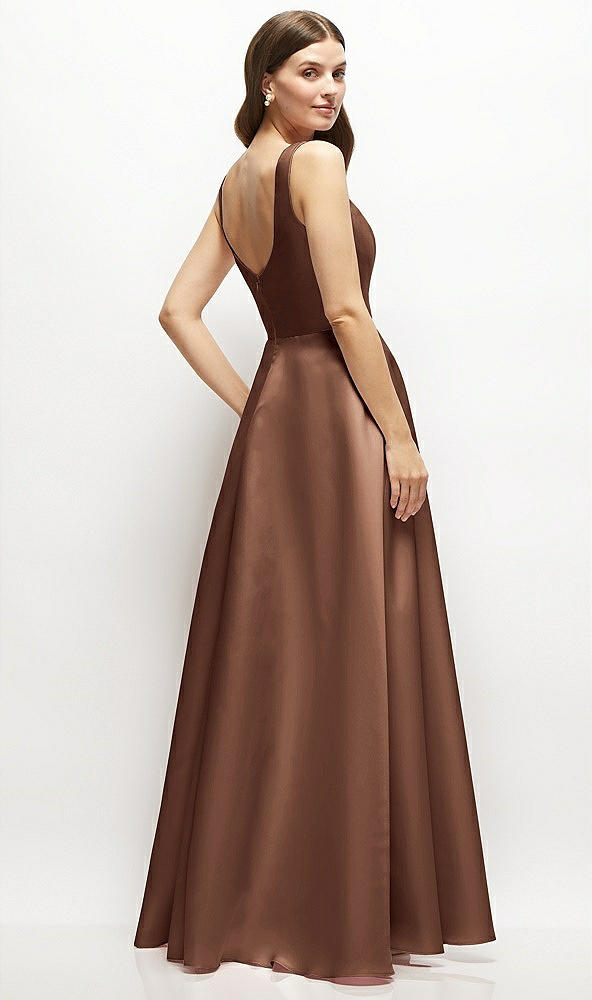 Back View - Cognac Square-Neck Satin Maxi Dress with Full Skirt