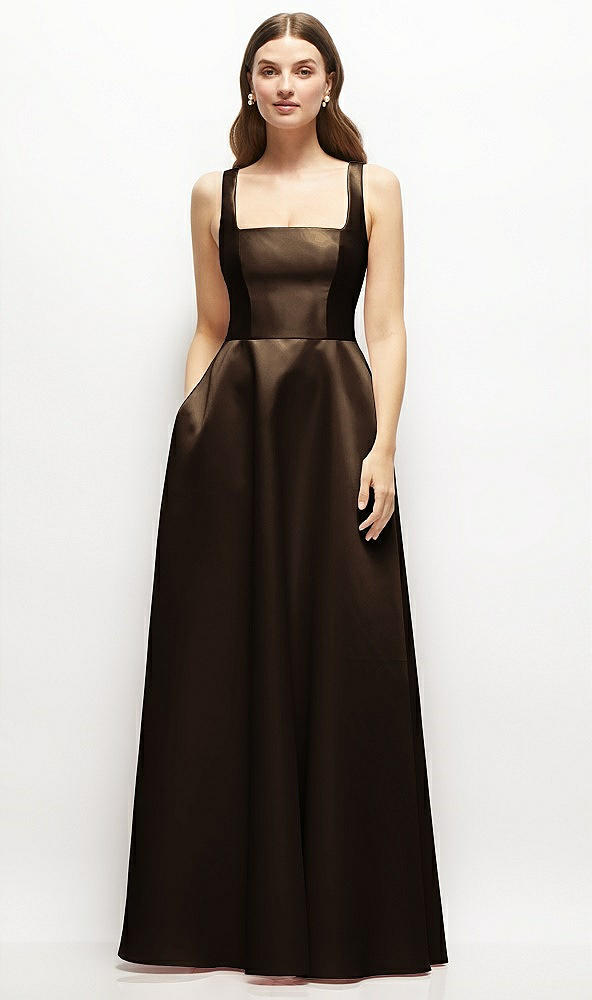 Front View - Espresso Square-Neck Satin Maxi Dress with Full Skirt