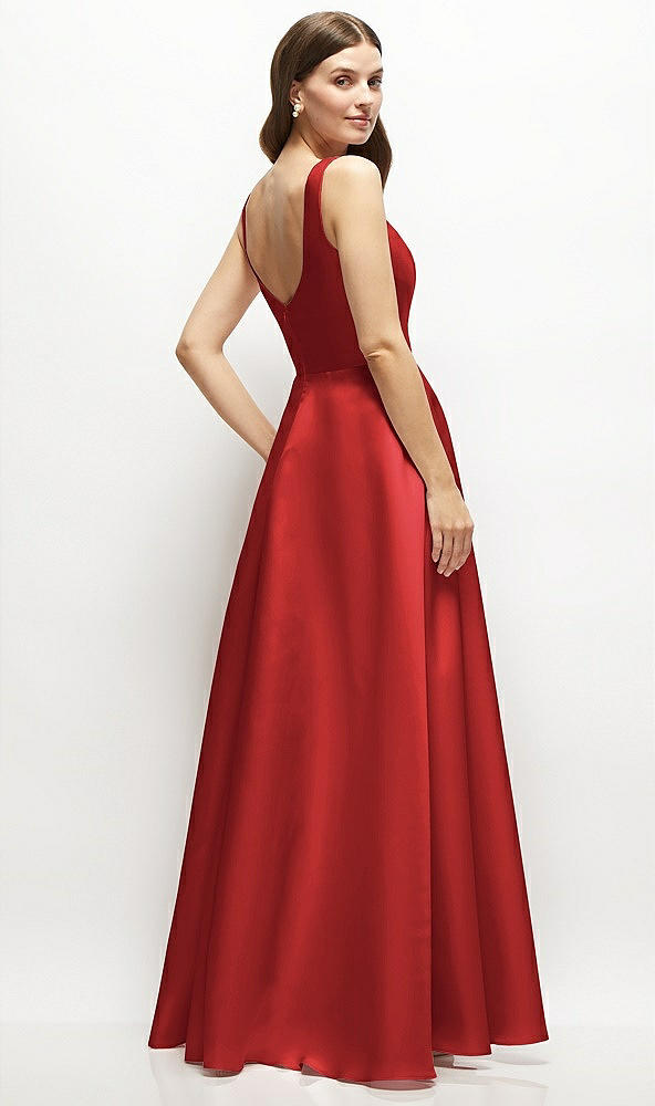 Back View - Poppy Red Square-Neck Satin Maxi Dress with Full Skirt