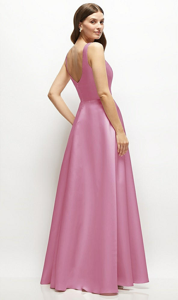 Back View - Powder Pink Square-Neck Satin Maxi Dress with Full Skirt