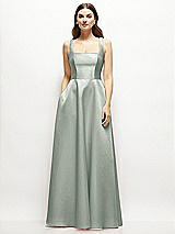 Front View Thumbnail - Willow Green Square-Neck Satin Maxi Dress with Full Skirt