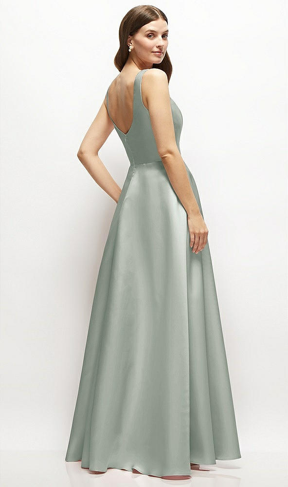 Back View - Willow Green Square-Neck Satin Maxi Dress with Full Skirt