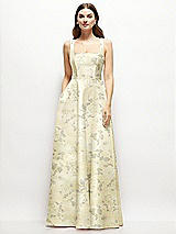 Front View Thumbnail - Butter Yellow Floral Floral Square-Neck Satin Maxi Dress with Full Skirt