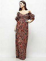 Rear View Thumbnail - Harvest Floral Print Dramatic Ruffle Edge Strap Fall Foral Pleated Metallic Maxi Dress
