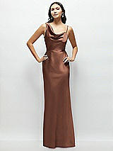 Front View Thumbnail - Cognac One-Shoulder Draped Cowl A-Line Satin Maxi Dress