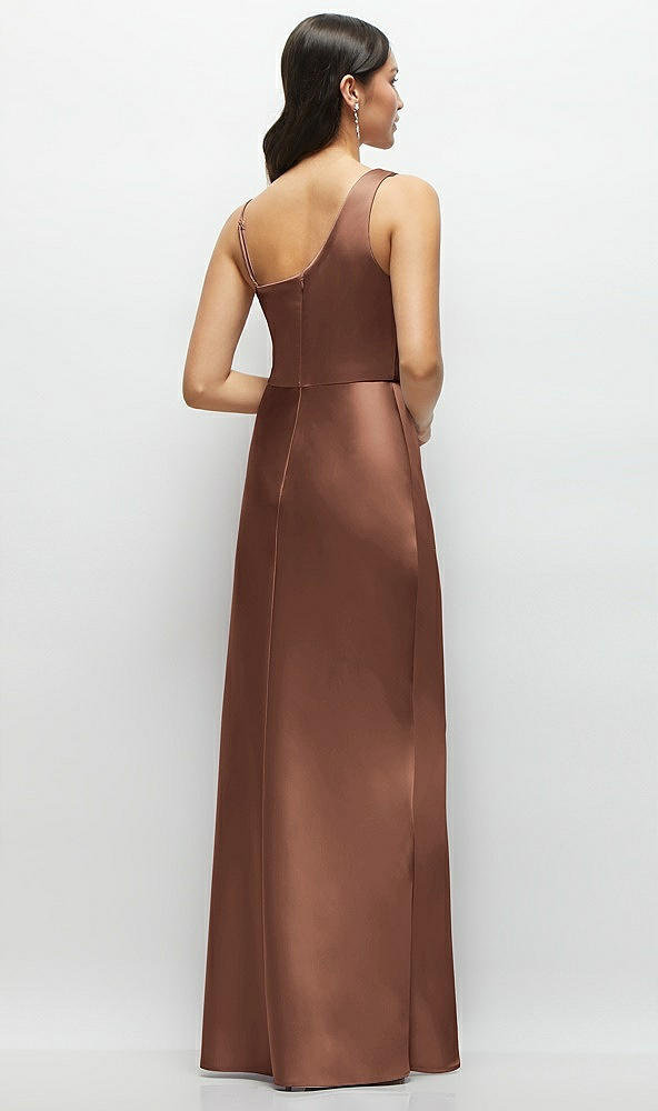 Back View - Cognac One-Shoulder Draped Cowl A-Line Satin Maxi Dress