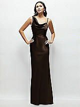 Front View Thumbnail - Espresso One-Shoulder Draped Cowl A-Line Satin Maxi Dress
