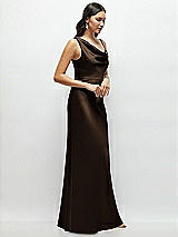 Side View Thumbnail - Espresso One-Shoulder Draped Cowl A-Line Satin Maxi Dress