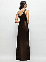 Rear View Thumbnail - Espresso One-Shoulder Draped Cowl A-Line Satin Maxi Dress