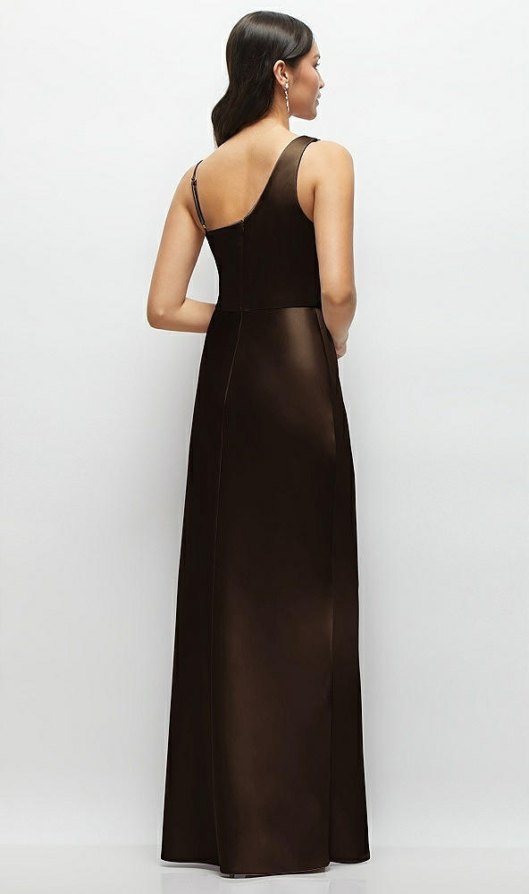 Back View - Espresso One-Shoulder Draped Cowl A-Line Satin Maxi Dress