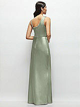Rear View Thumbnail - Sage One-Shoulder Draped Cowl A-Line Satin Maxi Dress