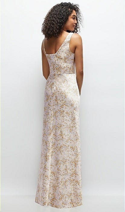 One-shoulder Draped Cowl A-line Floral Satin Maxi Bridesmaid Dress In Golden  Hour | The Dessy Group