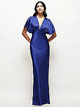 Front View Thumbnail - Cobalt Blue Plunge Neck Kimono Sleeve Satin Bias Maxi Dress