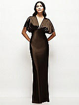 Front View Thumbnail - Espresso Plunge Neck Kimono Sleeve Satin Bias Maxi Dress
