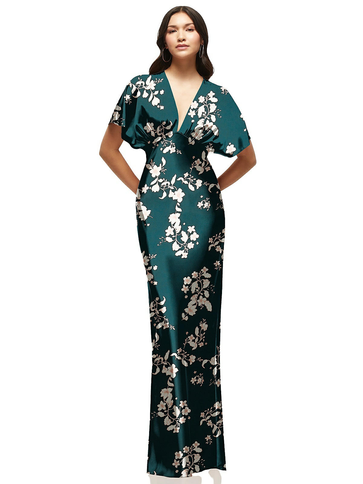 Plunge Neck Kimono Sleeve Floral Satin Bias Maxi Bridesmaid Dress In Vintage Primrose Evergreen | The Dessy Group Plunge Neck Kimono Sleeve Floral Satin Bias Maxi Bridesmaid Dress In Vintage Primrose Evergreen | The Dessy Group