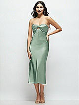Front View Thumbnail - Seagrass Strapless Bow-Bandeau Cutout Satin Midi Slip Dress