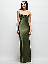 Front View Thumbnail - Olive Green Strapless Bow-Bandeau Cutout Satin Maxi Slip Dress