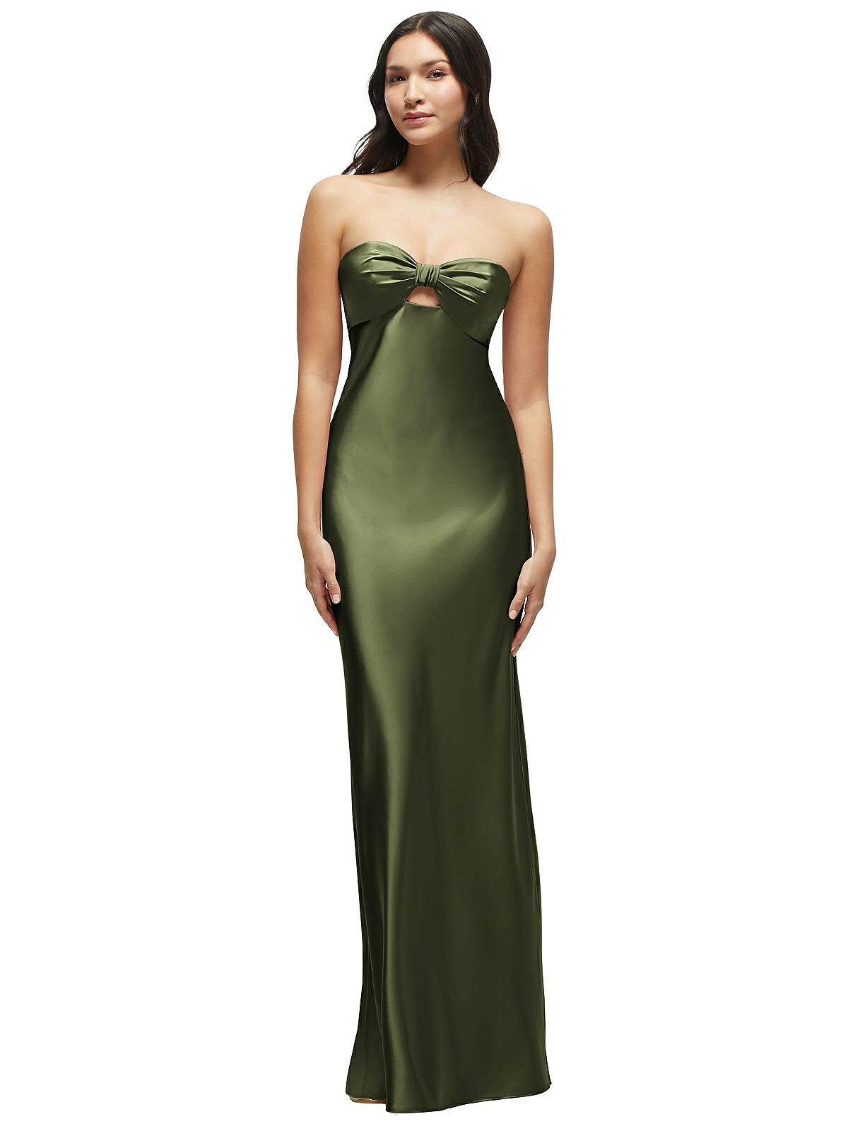 Strapless Bow-bandeau Cutout Satin maxi Slip Bridesmaid Dress In Olive Green  | The Dessy Group