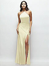 Front View Thumbnail - Butter Yellow High Halter Tie-Strap Open-Back Satin Maxi Dress