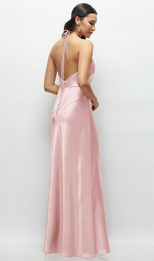 Back View - Ballet Pink High Halter Tie-Strap Open-Back Satin Maxi Dress