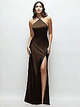Front View Thumbnail - Espresso High Halter Tie-Strap Open-Back Satin Maxi Dress