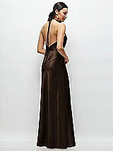 Rear View Thumbnail - Espresso High Halter Tie-Strap Open-Back Satin Maxi Dress