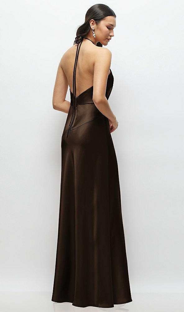 Back View - Espresso High Halter Tie-Strap Open-Back Satin Maxi Dress