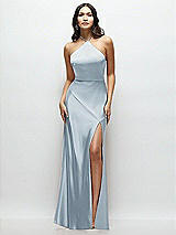 Front View Thumbnail - Mist High Halter Tie-Strap Open-Back Satin Maxi Dress