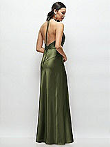 Rear View Thumbnail - Olive Green High Halter Tie-Strap Open-Back Satin Maxi Dress