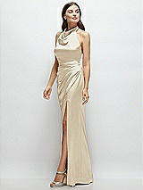 Side View Thumbnail - Champagne Cowl Halter Open-Back Satin Maxi Dress