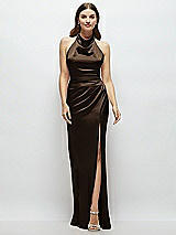 Front View Thumbnail - Espresso Cowl Halter Open-Back Satin Maxi Dress