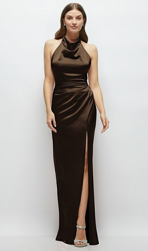 Front View - Espresso Cowl Halter Open-Back Satin Maxi Dress