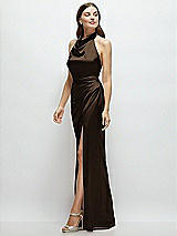 Side View Thumbnail - Espresso Cowl Halter Open-Back Satin Maxi Dress