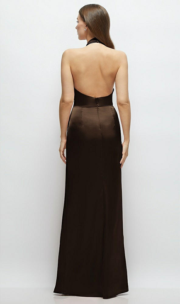 Back View - Espresso Cowl Halter Open-Back Satin Maxi Dress