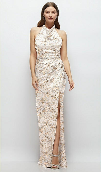 sachin and babi light blue dress Cowl Halter Open-back Floral Satin Maxi Bridesmaid Dress In Golden Hour