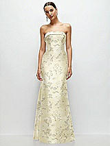 Front View Thumbnail - Butter Yellow Floral Strapless Cuff Neckline Floral Satin Trumpet Gown