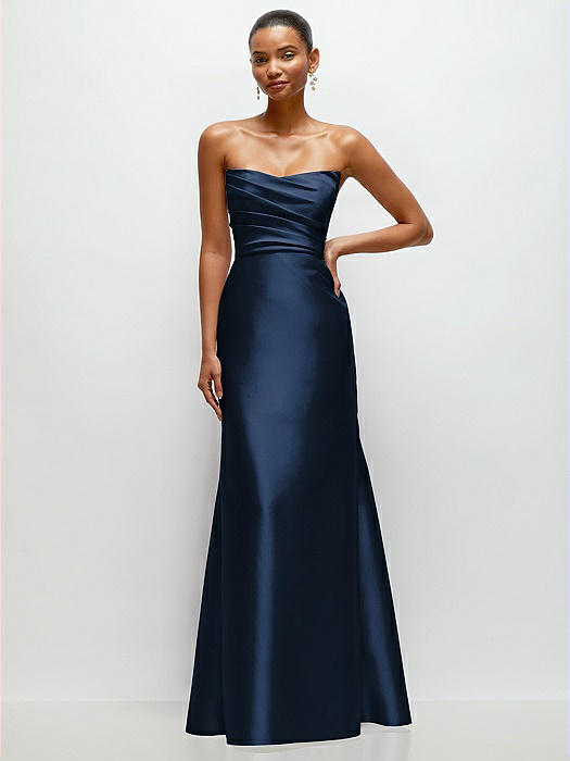 Strapless Cat-Eye Draped Bodice Satin Trumpet Dress
