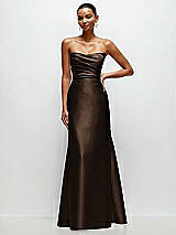 Front View Thumbnail - Espresso Strapless Cat-Eye Draped Bodice Satin Trumpet Dress