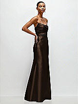 Side View Thumbnail - Espresso Strapless Cat-Eye Draped Bodice Satin Trumpet Dress