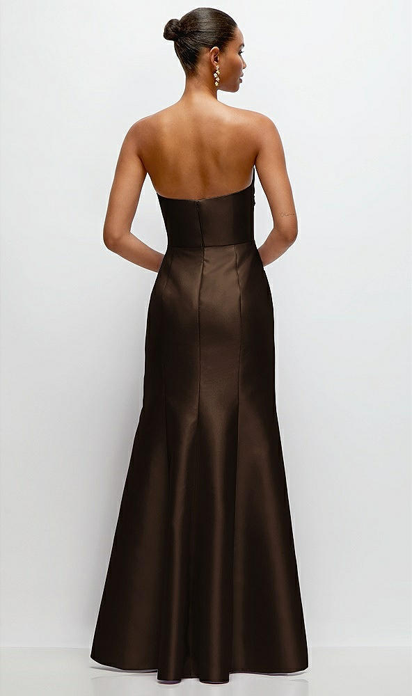 Back View - Espresso Strapless Cat-Eye Draped Bodice Satin Trumpet Dress