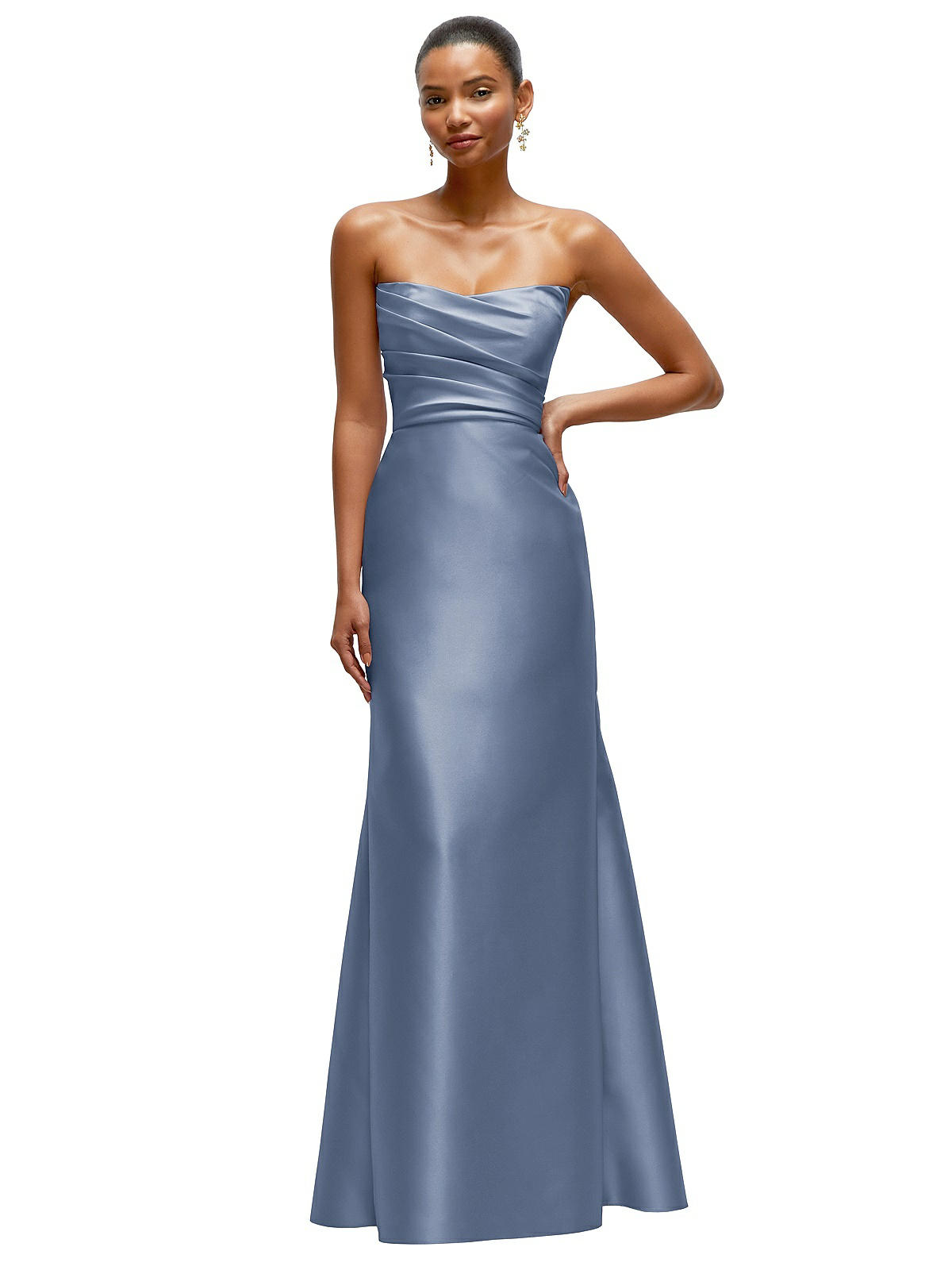 Strapless Cat-eye Draped Bodice Satin Tumpet Bridesmaid Dress In