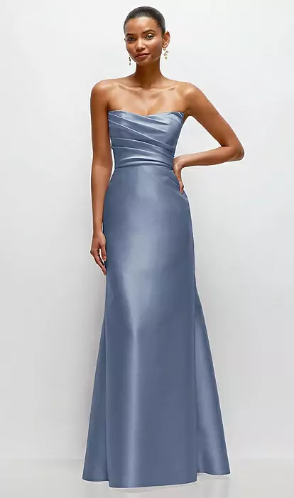 Strapless Cat-eye Draped Bodice Satin Trumpet Bridesmaid Dress In